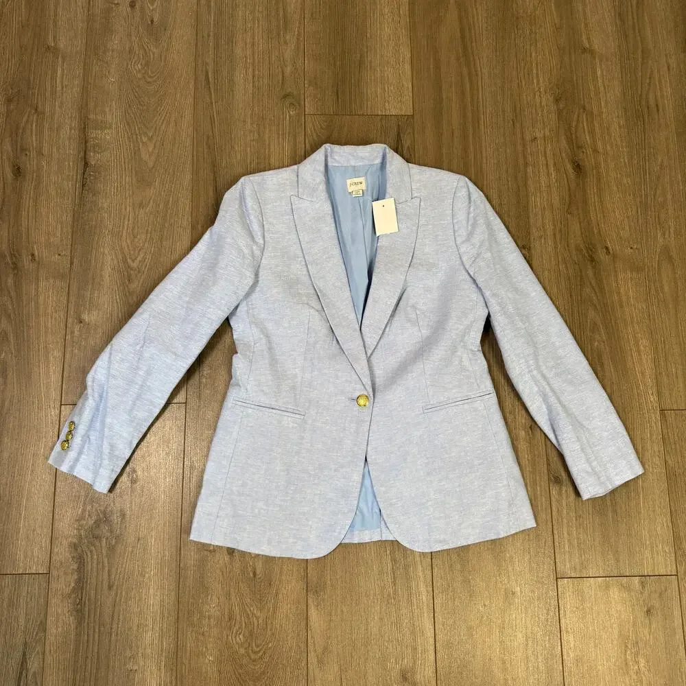 J.Crew Petite Linen-Blend One-Button Blazer WMNS 4P Blue Lined Long Sleeve Notch